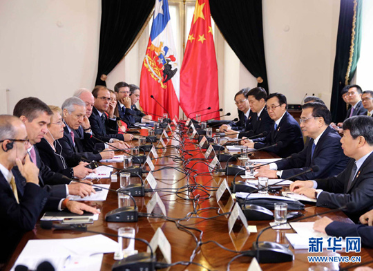 리커창-칠레 대통령 회담 ‘자유무역 혜택 대방출’