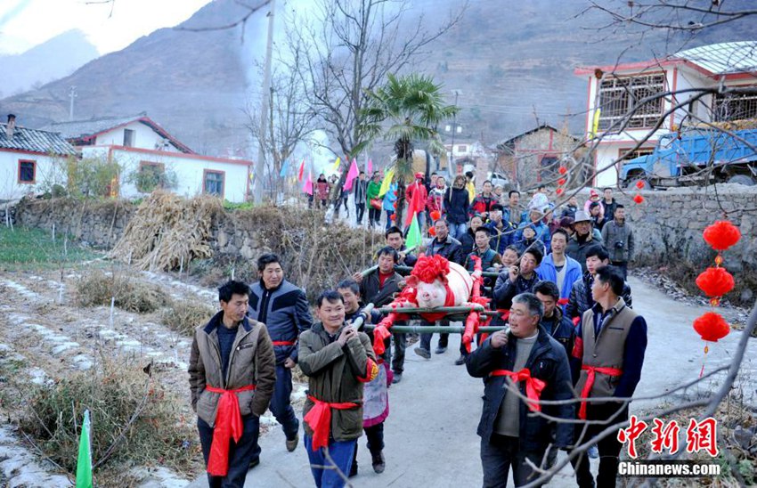 쓰촨 산골마을 돼지 잡아 새해 풍년 기원
