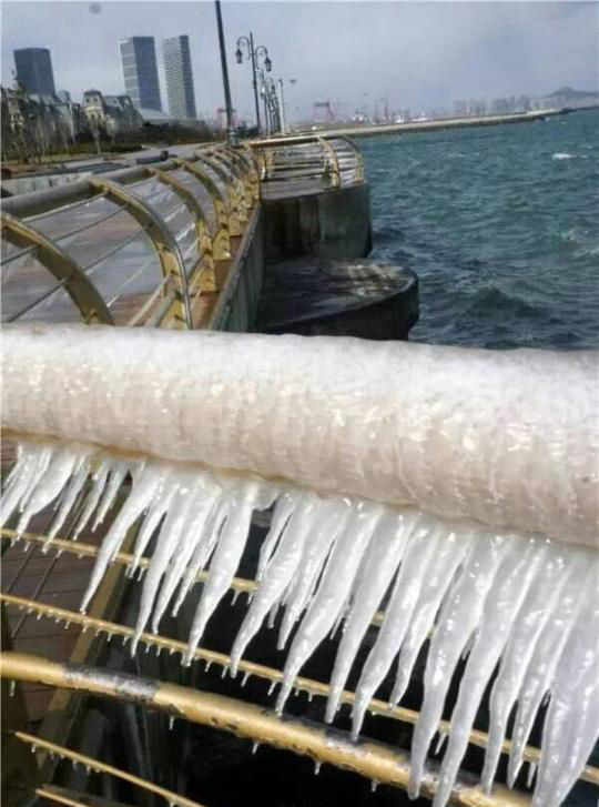 랴오닝 다롄 가장 추운 날씨 이어져, 해변가 울타리에 고드름