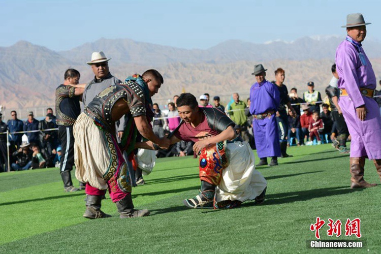 중국 각지 몽고족 씨름 선수들 간쑤 쑤베이에 모여 기량 겨뤄