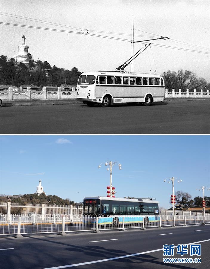사진(위): 1957년 2월 26일 최초의 무궤도 전차 운행이 시범적으로 실시됐다. [촬영: 신화사 추잉(楚英) 기자]사진(아래): 2019년 1월 28일 원진제(文津街)를 달리는 101번 무궤도 전차의 모습이다. [촬영: 신화사 쥐환쭝(鞠煥宗) 기자]