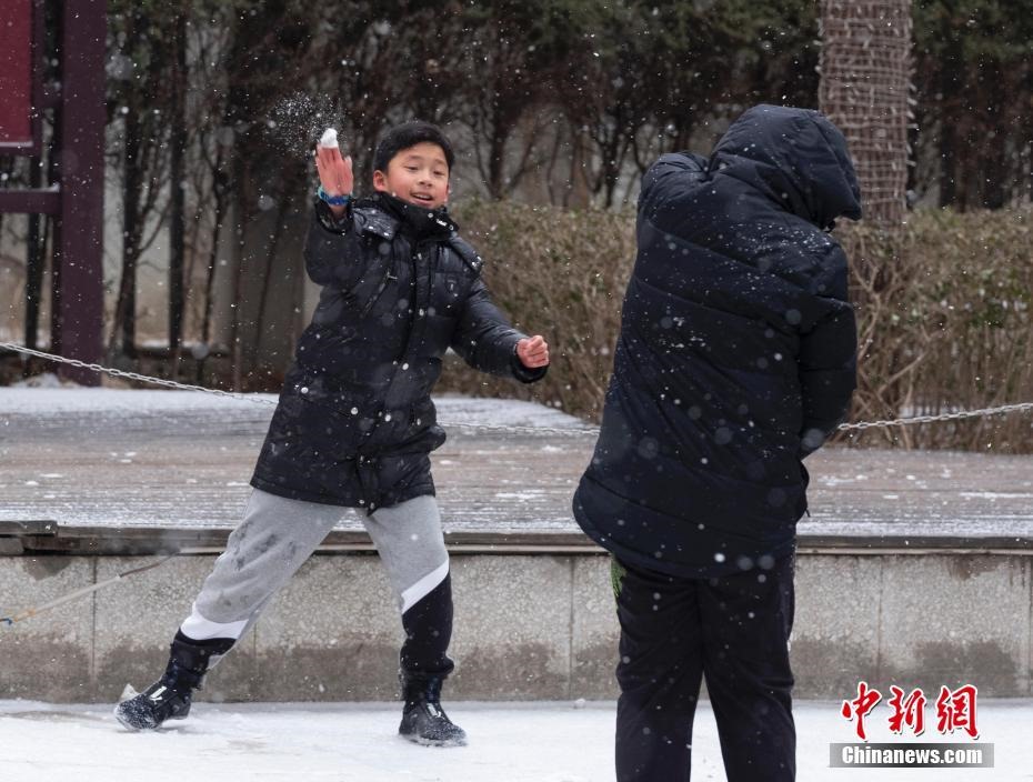 2월 12일 어린이들이 아파트 단지 안에서 눈싸움을 하고 있다. [촬영: 중국신문사 허우위(侯宇) 기자]