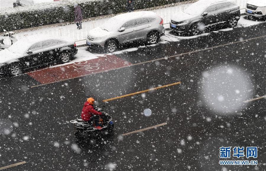 2월 12일 한 시민이 전동자전거를 타고 베이징 하이뎬(海澱)구 베이와로(北窪路)를 지나고 있다. [촬영: 신화사 리쥔둥(李俊東) 기자]