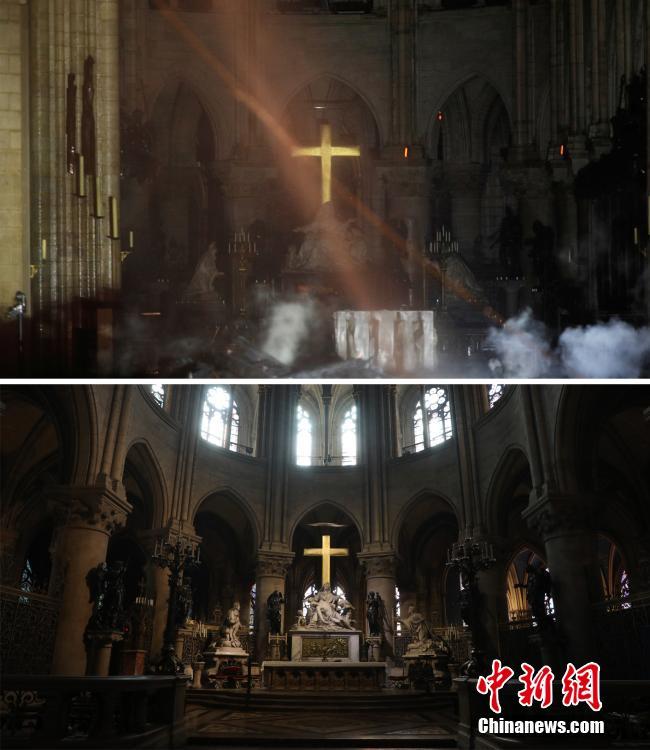 화재 전후로 촬영한 성당 내부 십자가 비교 사진