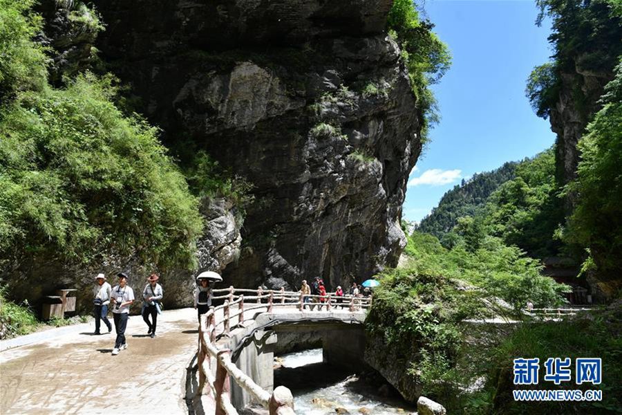 7월 9일 관광객들이 관어거우(官鵝溝) 국가삼림공원을 관람하고 있다. [사진 출처: 신화망]