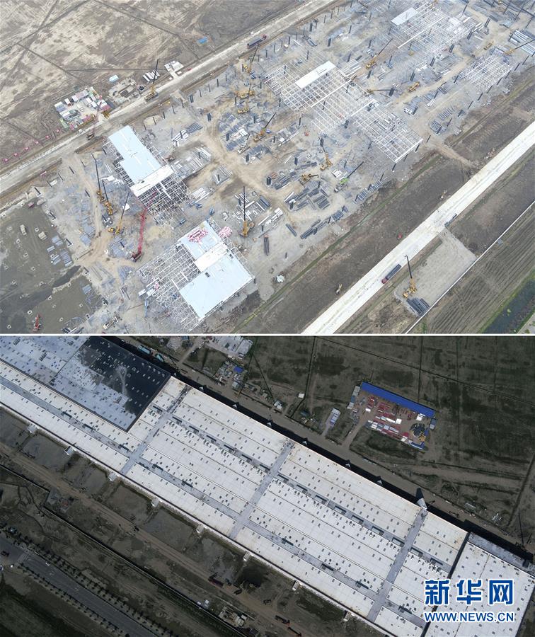 사진(위): 4월 3일 드론으로 촬영한 테슬라 상하이 공장 부지/사진(아래): 7월 23일 드론으로 촬영한 테슬라 상하이 공장 부지 [사진 출처: 신화망]