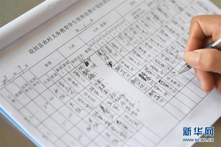 지난 5일 스바둥(十八洞)초등학교 선생님이 학생의 일일 식단을 기록하고 있다. [사진 출처: 신화망]