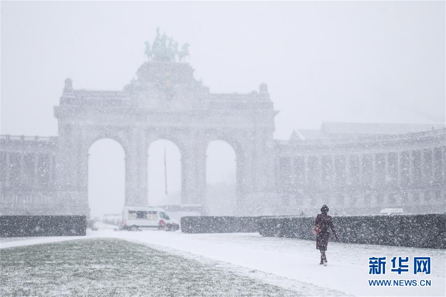 2019년 1월 22일 벨기에 브뤼셀에서 촬영한 눈 내리는 50주년 기념 공원 [사진 출처: 신화망]