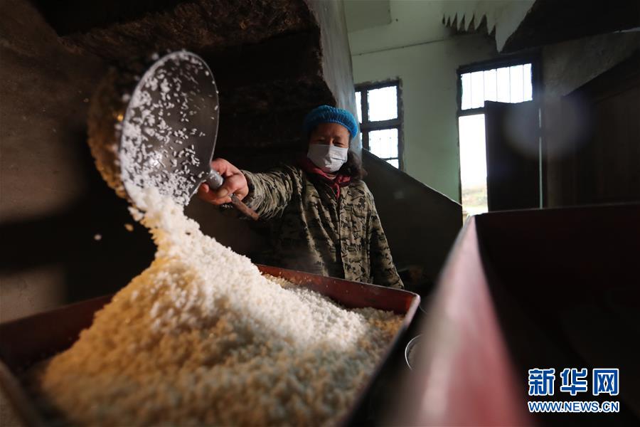 위핑 둥족자치현 톈핑(田坪)진 바이궈(白果)촌에서 촌민이 쌀을 빻으며 훙바 만들 준비를 하고 있다. [1월 9일 촬영/사진 출처: 신화망]