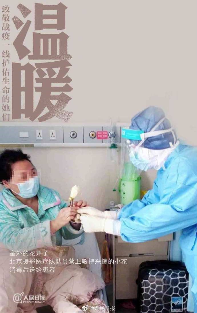 온화: 병실 밖 꽃들이 피자 베이징 출신 차이웨이민(蔡偉敏) 의료대원이 꽃 한 송이를 꺽어 소독 후 환자에게 건넸다. 