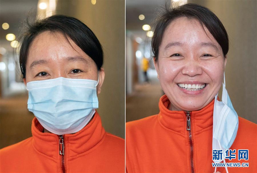 3월 19일 우한시 우창(武昌) 거주지에서 장시 의료팀 팀원인 리리(李莉)가 마스크를 벗은 채 미소를 짓고 있다. [사진 출처: 신화망]
