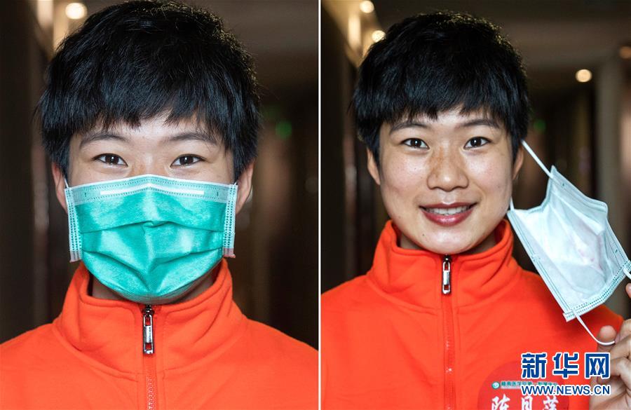 우한시 우창(武昌) 거주지에서 장시 의료팀 팀원인 천웨핑(陳月萍)이 마스크를 벗은 채 미소를 짓고 있다. [사진 출처: 신화망]