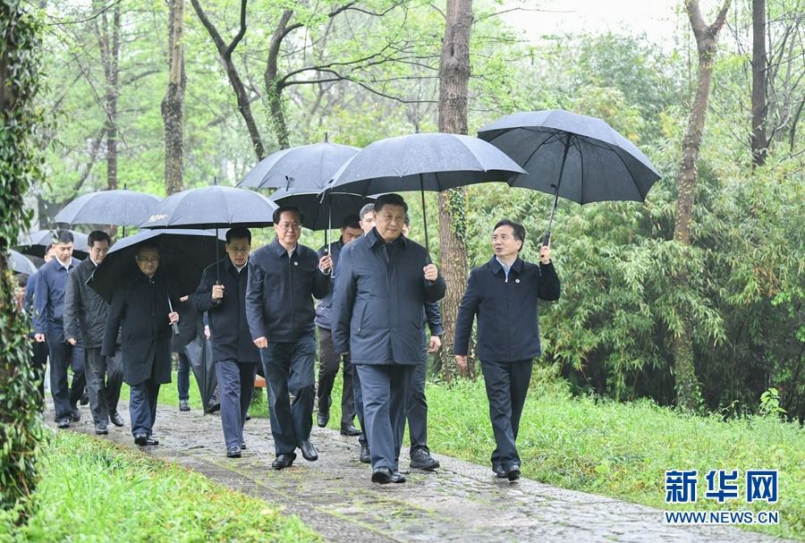 시진핑이 시시국가습지공원에서 시시습지 보호와 이용 상황을 살펴보고 있다. [사진 출처: 신화망]