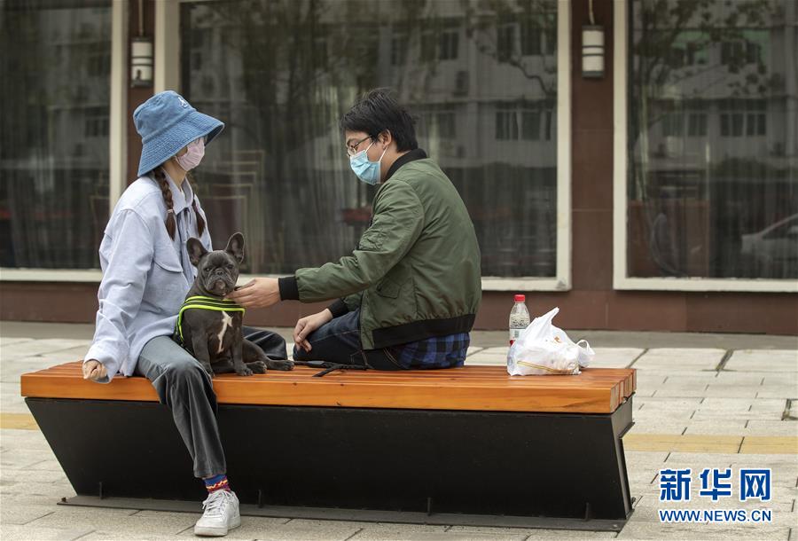 두 사람이 개를 산책시키며 길가에서 이야기를 나누고 있다. [4월 1일 촬영/사진 출처: 신화망] 