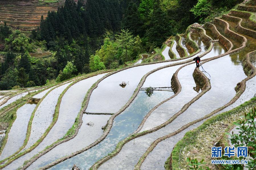 주민이 구이저우성 충장현 자몐향 바이방촌에서 계단식 밭을 관리하고 있다. [3월 31일 촬영/사진 출처: 신화망]