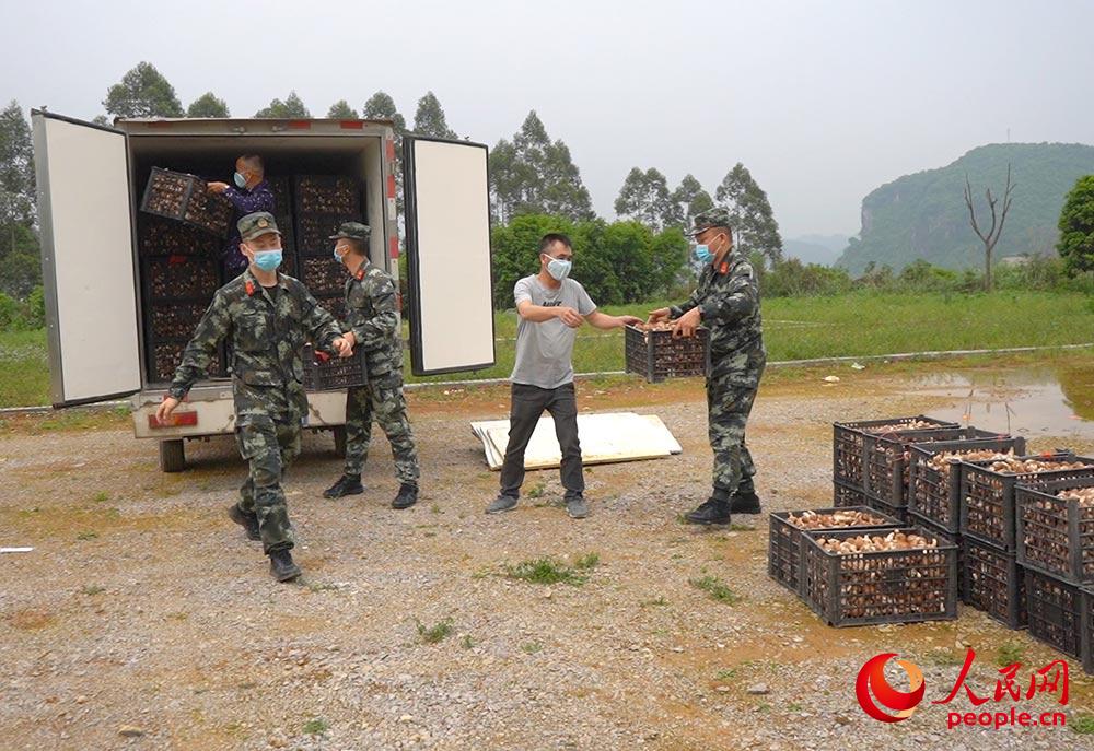 장병이 주민을 도와 표고버섯을 운반하고 있다. [사진 출처: 인민망]