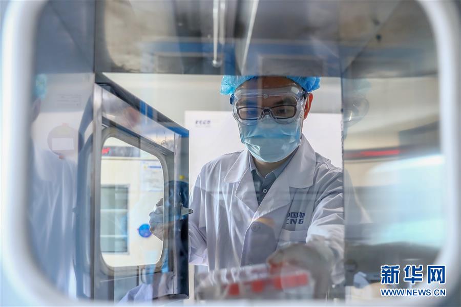 4월 11일 중국 최대 제약그룹 시노팜 산하 CNBG 코로나19 백신 생산기지 품질검증부서에서 연구원이 코로나19 불활화 백신 샘플을 pass-through box에서 꺼내고 있다. [사