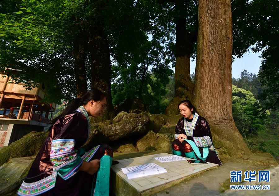 당주촌 우잉 묘족 마을에서 량멍샹(오른쪽)과 동료가 공개수업 전 수업을 준비하고 있다. [4월 16일 촬영/사진 출처: 신화망]