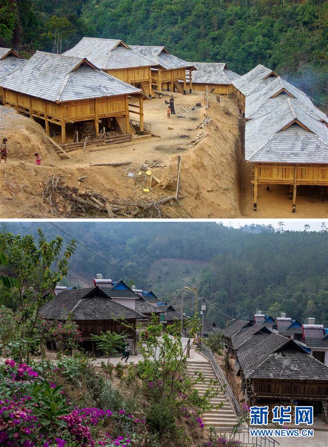 위: 2010년 만반3대가 주거지를 건축하고 있다. (사진 자료) 아래: 4월 12일 같은 자리에서 촬영한 촌락 모습 [사진 출처: 신화망]