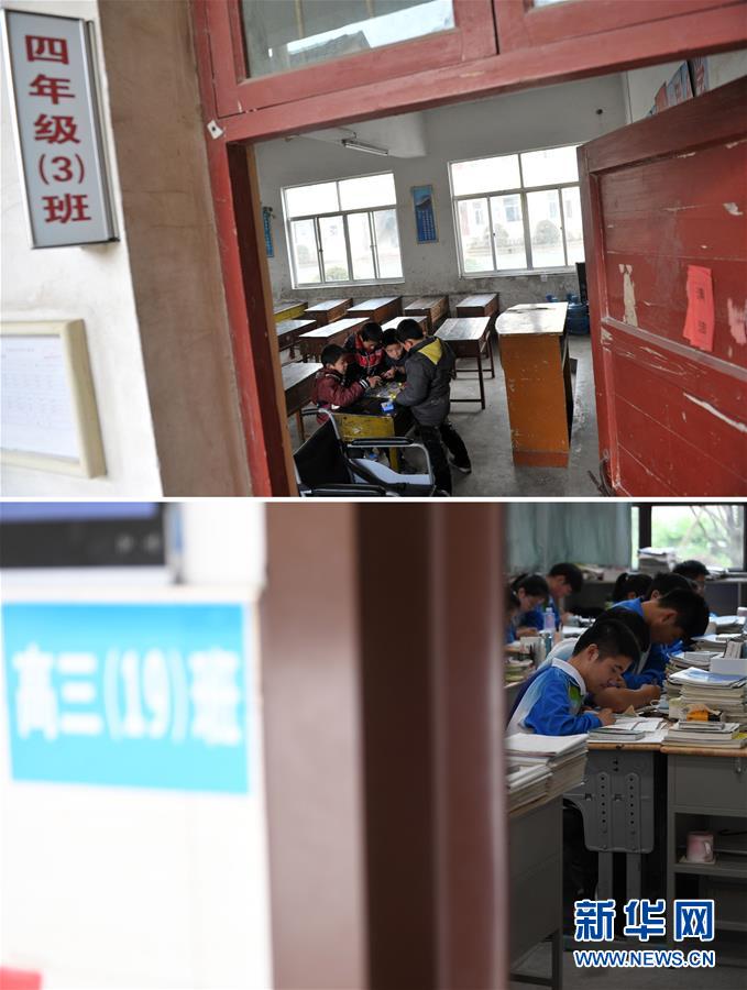 위: 광더시 진춘진 중심초등학교에서 청둥둥과 사랑의 봉사팀 학생이 교실 안에 있다. [2012년 3월 3일 촬영/사진 출처: 신화망] 아래: 광더고등학교에서 청둥둥이 공부를 하고 있다. [2020년 5월 28일 촬영/사진 출처: 신화망]