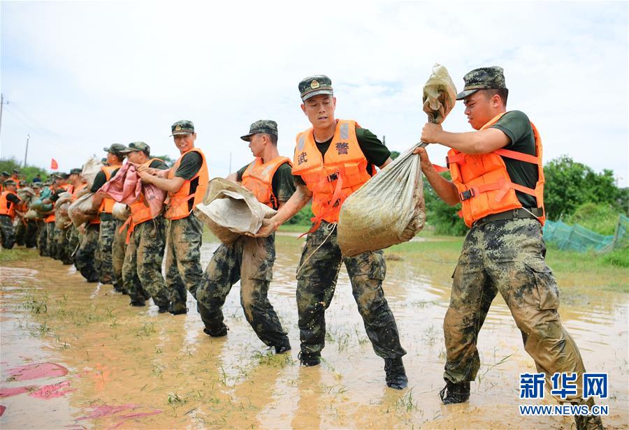 지난 12일 장시 무장경찰 총대 기동지대 장병이 포양현 창장강 댐에서 모래포대를 건네고 있다. [사진 출처: 신화망]