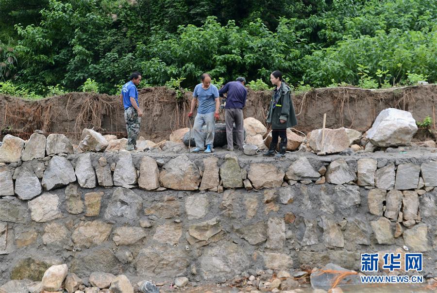 7월 7일, 안후이성 웨시현 공산촌에서 왕롄(오른쪽 첫 번째)이 공사 현장에서 강둑 보수 진척 상황을 살펴보고 있다. [사진 출처: 신화망]