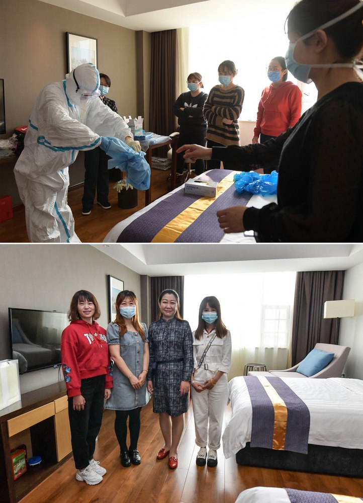 위: 1월 29일, 베이징안전병원의 후베이 지원 의료팀원이 시범삼아 방호복을 벗어보이고 있다. 아래: 9월 23일, 베이징안전병원의 후베이 지원 의료팀원이 옛 숙소와 훈련받았던 방에서 기념 촬영을 하고 있다. [사진 출처: 인민망]