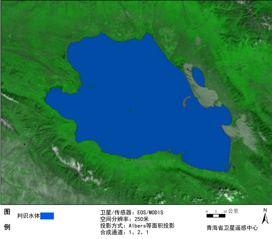 칭하이호 위성 사진. 관측 결과 9월 하순 칭하이호 면적은 4588.81평방킬로미터로 작년 동기 대비 59.51평방킬로미터 확대되었다. [사진 출처: 칭하이기상과학연구소]