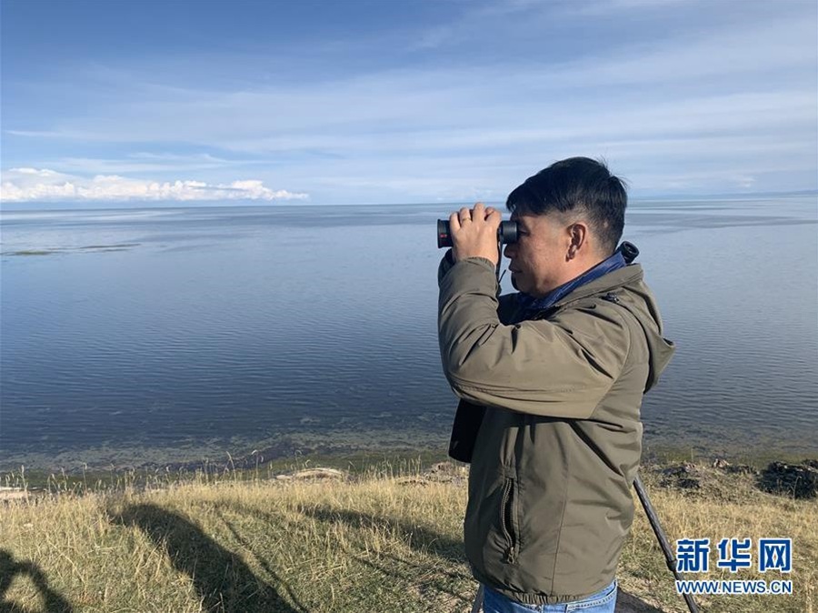 칭하이호 국가급자연보호구 관리국 관리자가 야외 관측을 실시한다.  [2019년 9월 23일 촬영/사진 출처: 신화망]