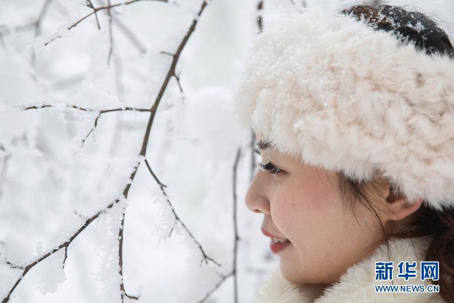 12월 12일, 청두(成都)에서 온 여행객이 어메이산 눈 속에서 눈을 감상하고 있다.  [사진 출처: 신화망]
