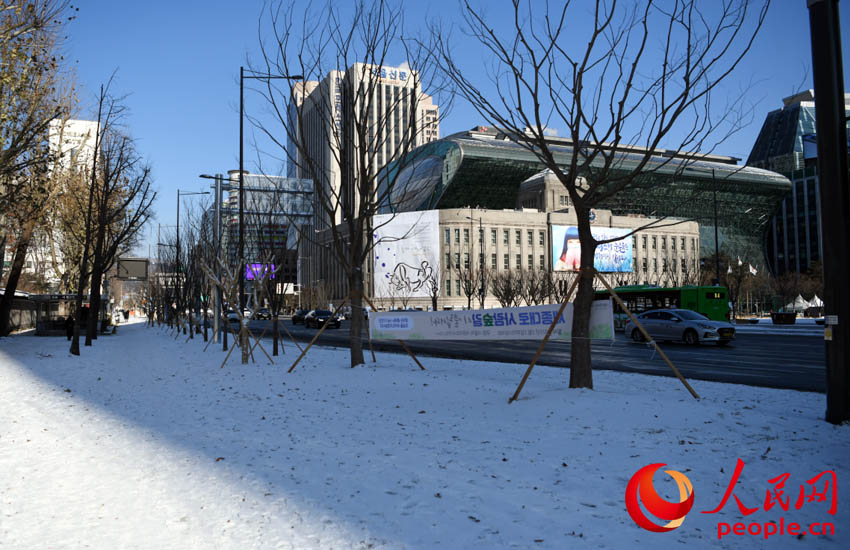 눈 내린 서울시청 앞의 모습 [사진 출처: 인민망]