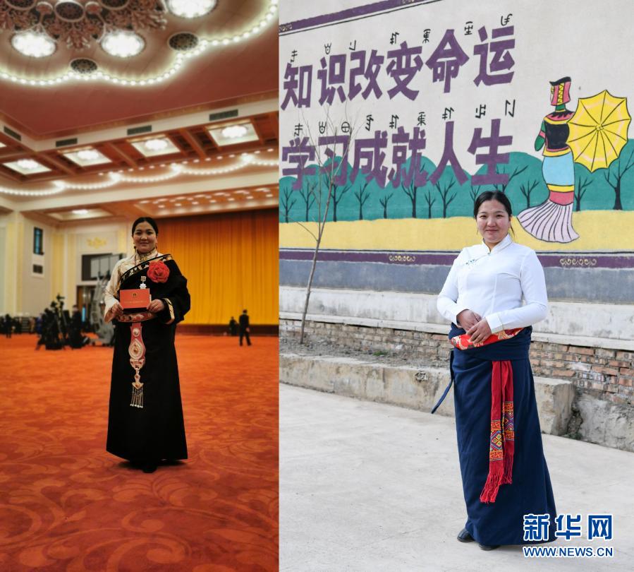 왼쪽: 양줘마가 베이징 인민대회당에서 전국 빈곤탈출 공략 결산 표창대회에 참석했을 때 포즈를 취하고 있다. [2월 25일 촬영/사진 출처: 신화망] 오른쪽: 양줘마가 와이촌에서 포즈를 취하고 있다. [3월 2일 촬영/사진 출처: 신화망]