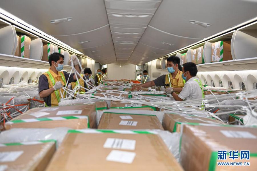 직원이 하이난항공 HU787 기내에 화물을 고정하고 있다. [3월 26일 촬영/사진 출처: 신화망]