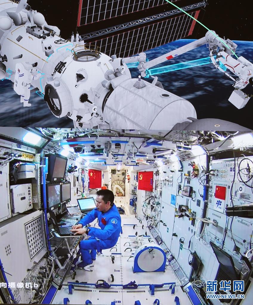 20일 베이징우주비행통제센터(BACC)의 대형 스크린에 선저우 12호 우주 비행사인 탕훙보(湯洪波) 가 핵심 모듈 안에서 일하고 있는 모습이 포착되었다. [사진 출처: 신화망]