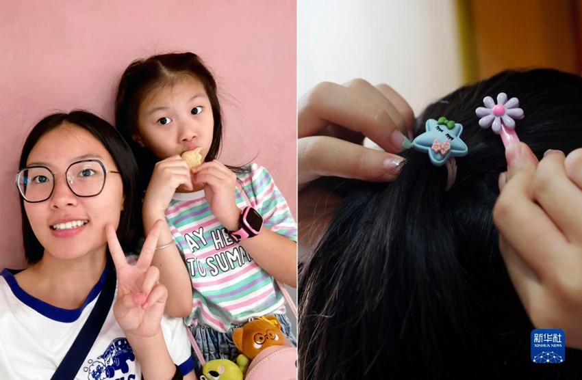 쉬뤄퉁(許若橦)이 7살 여동생과 찍은 사진(왼쪽). 푸젠(福建)성 푸저우(福州)에서 온 쉬뤄퉁이 집을 떠나기 전 동생이 준 머리핀으로 머리를 묶었다(오른쪽). [사진 출처: 신화사]