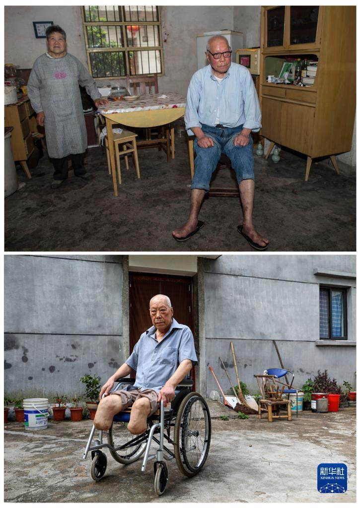 위 사진: 2015년 4월 29일, 장바오산(張寶善) 씨의 취저우 집 모습; 아래 사진: 2021년 9월 3일, 다리 절단 후 집에서 기념사진을 찍는 장바오산 씨
