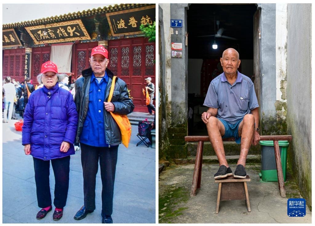 왼쪽 사진: 2010년 10월, 바오리룽(包禮榮) 씨와 부인의 여행 사진; 오른쪽 사진: 2021년 9월 3일, 바오리룽 씨가 진화 시 자택 입구에서 찍은 사진
