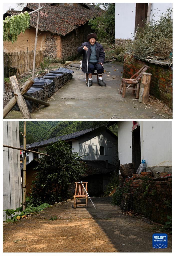 위 사진: 2015년 3월 17일, 웨이훙푸(魏洪福) 씨가 취저우 집 입구에서 찍은 기념사진; 아래 사진: 2021년 9월 5일에 찍은 웨이훙푸 씨 생전에 사용한 대나무 의자와 지팡이