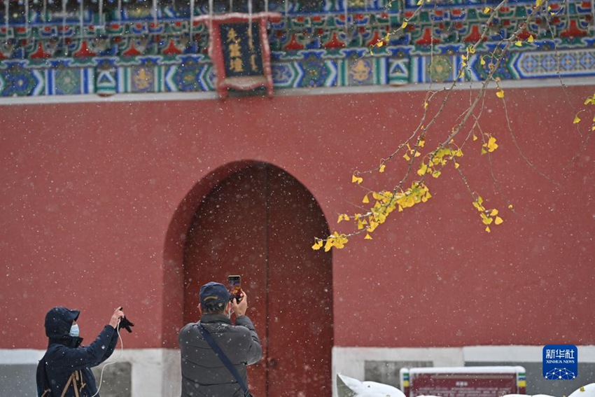 관광객들이 베이하이(北海)공원에서 눈 내리는 풍경을 촬영하고 있다. [11월 7일 촬영/사진 출처: 신화사]