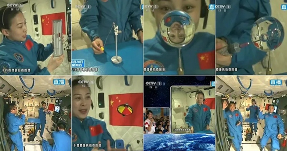 2013년 6월 20일, 선저우 10호 우주비행사 왕야핑은 녜하이성과 장샤오광의 도움으로 전국 초·중·고 학생들을 대상으로 지구와 우주 간 상호 커뮤니케이션 특별 방식으로 수업을 진행했다. [사진 출처: CCTV뉴스 영상 캡처]