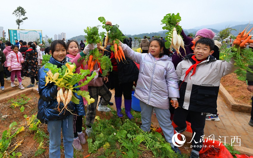 학생들이 수확한 채소를 선보이고 있다. [사진 출처: 인민망]