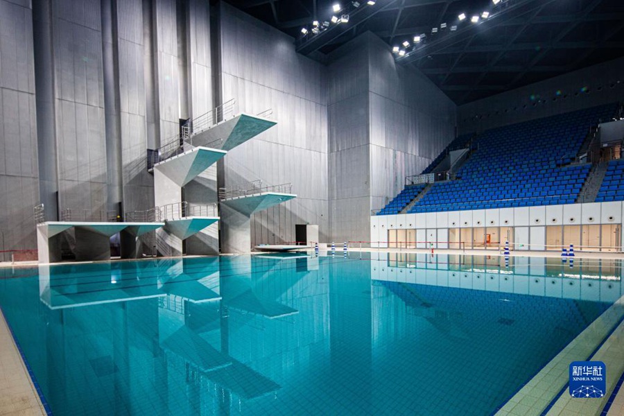 2021년 4월 12일 드론으로 촬영한 항저우 올림픽 스포츠센터 수영장 내경 [사진 출처: 신화사]