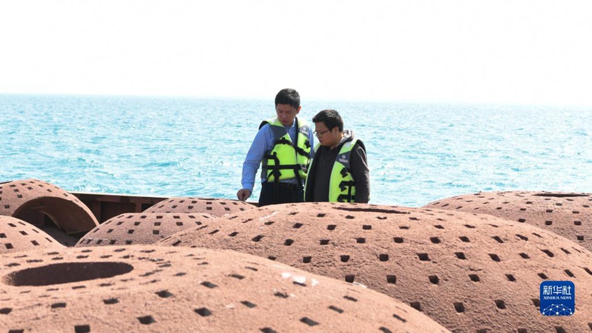 싼야시 야룽(亞龍)만 해역에서 우촨량(왼쪽)과 동료가 수송선에서 바다에 투입될 인공 생태산호초를 점검하고 있다. [1월 18일 촬영/사진 출처: 신화사]