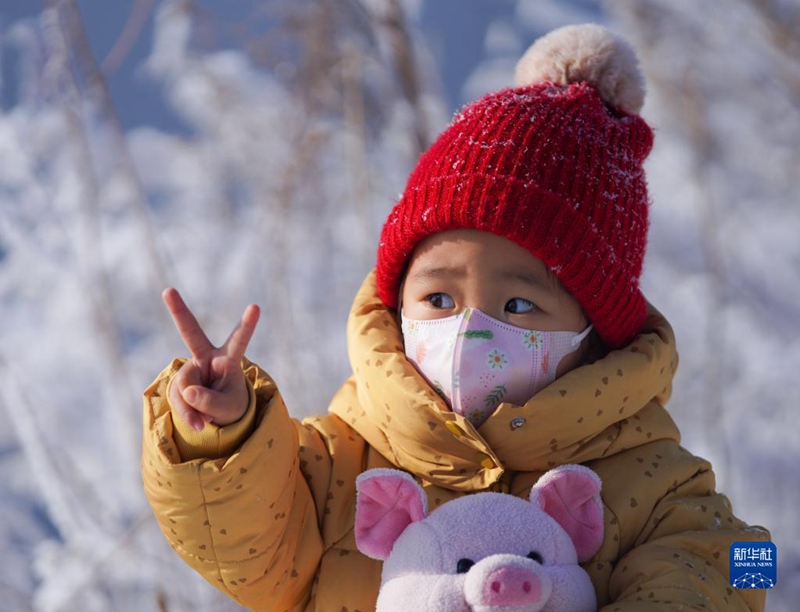 어린이가 상고대 풍경 앞에서 기념사진을 찍는다. [사진 출처: 신화사]