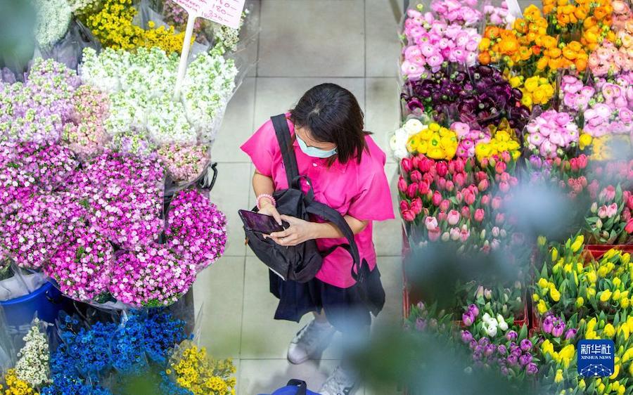 손님이 빡크롱 딸랏 꽃시장에서 윈난에서 온 꽃을 사진 찍고 있다. [2월 21일 촬영/사진 출처: 신화사]