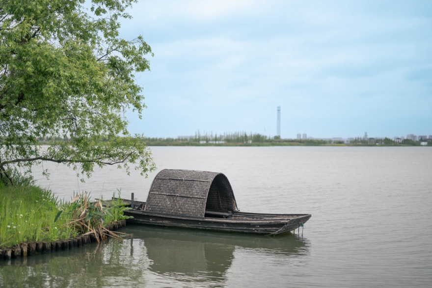예스러운 느낌의 오봉선(烏篷船: 검은 지붕의 나룻배)이 강가에 세워져 있다. [사진 출처: 인민망]