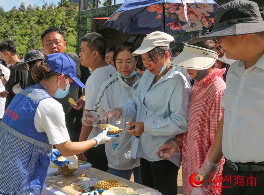 시민들이 현장에서 두리안을 맛보고 있다. [사진 출처: 인민망]