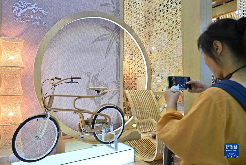 관람객이 대나무로 제작된 자전거를 촬영한다. [9월 2일 촬영/사진 출처: 신화사]