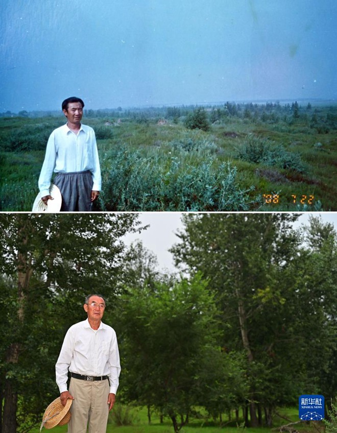 위 사진: 2008년 바이순 씨의 식수 당시 찍은 사진(자료사진)/아래 사진: 2023년 8월 2일, 바이순 씨가 나무숲을 배경으로 찍은 사진 [사진 출처: 신화사]