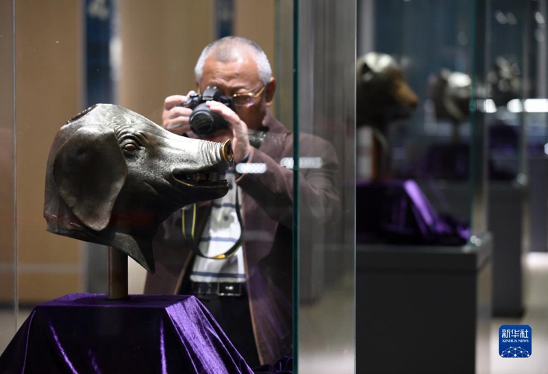 10월 20일, 관람객이 위안밍위안 십이생초 동물 머리 동상 특별전을 관람하고 있다.